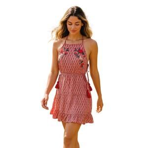 En Crème Embroidered Red Mini Dress Tassel Sides Boho Summer Festival Medium
